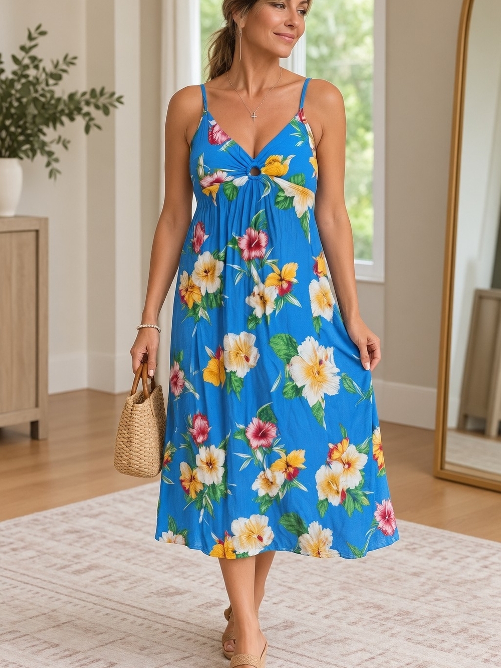 Bright Blue Floral Midi Dress with Spaghetti Straps